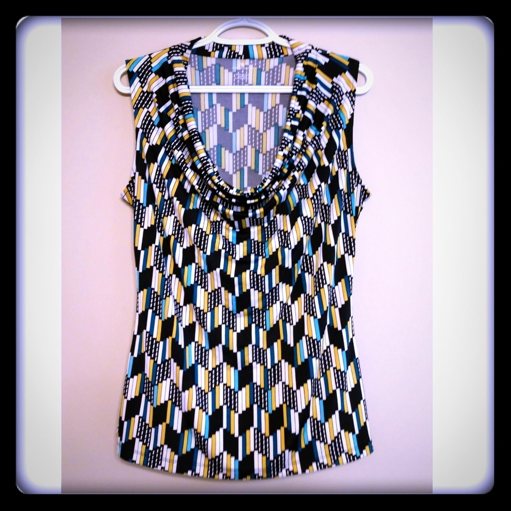 Silky Sleeveless Cowl Neckline Geometric Blouse